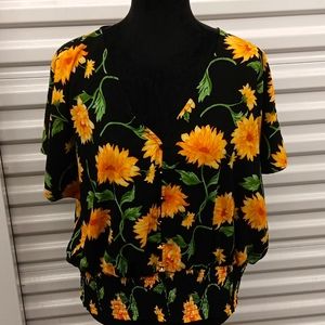 Sunflower bright yellow and black flowy top 1X